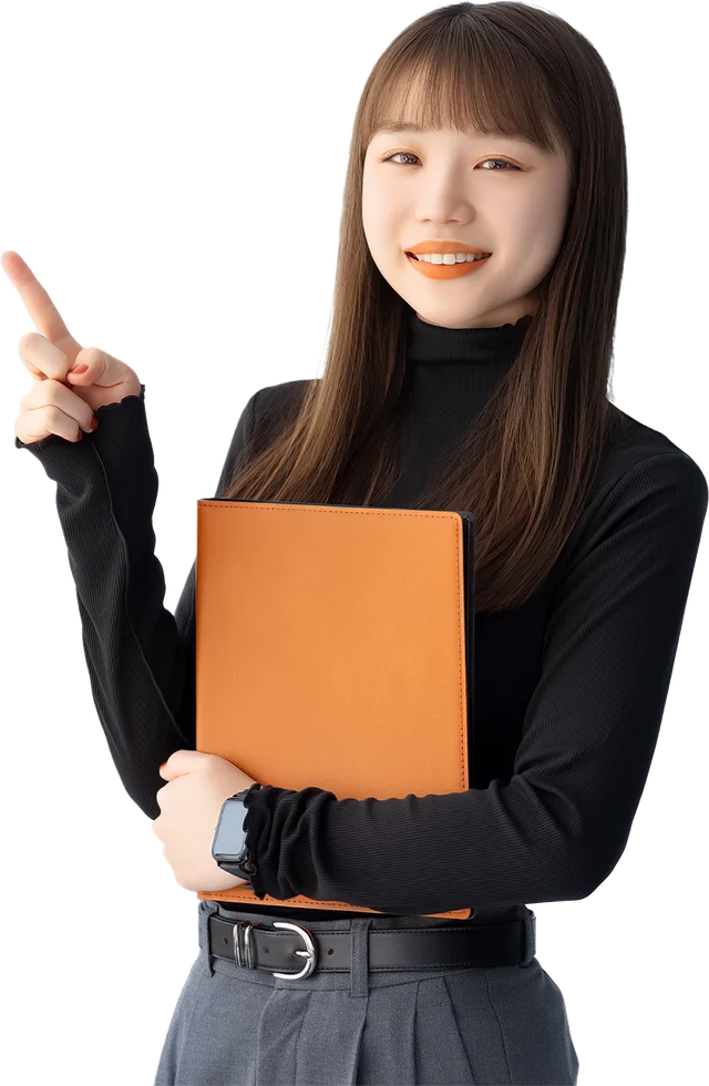 上を指さして案内する女性
